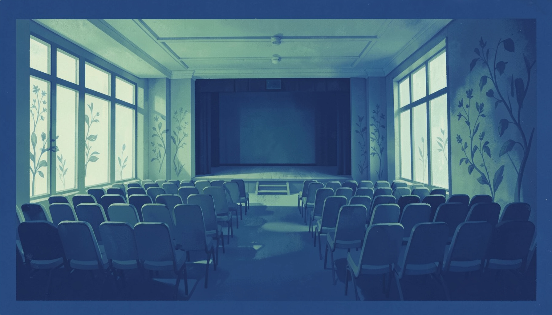 A matte gouache poster painting of a conference hall with soft green and blue tones, rows of chairs facing a stage, large windows letting in natural light, and subtle botanical motifs on the walls