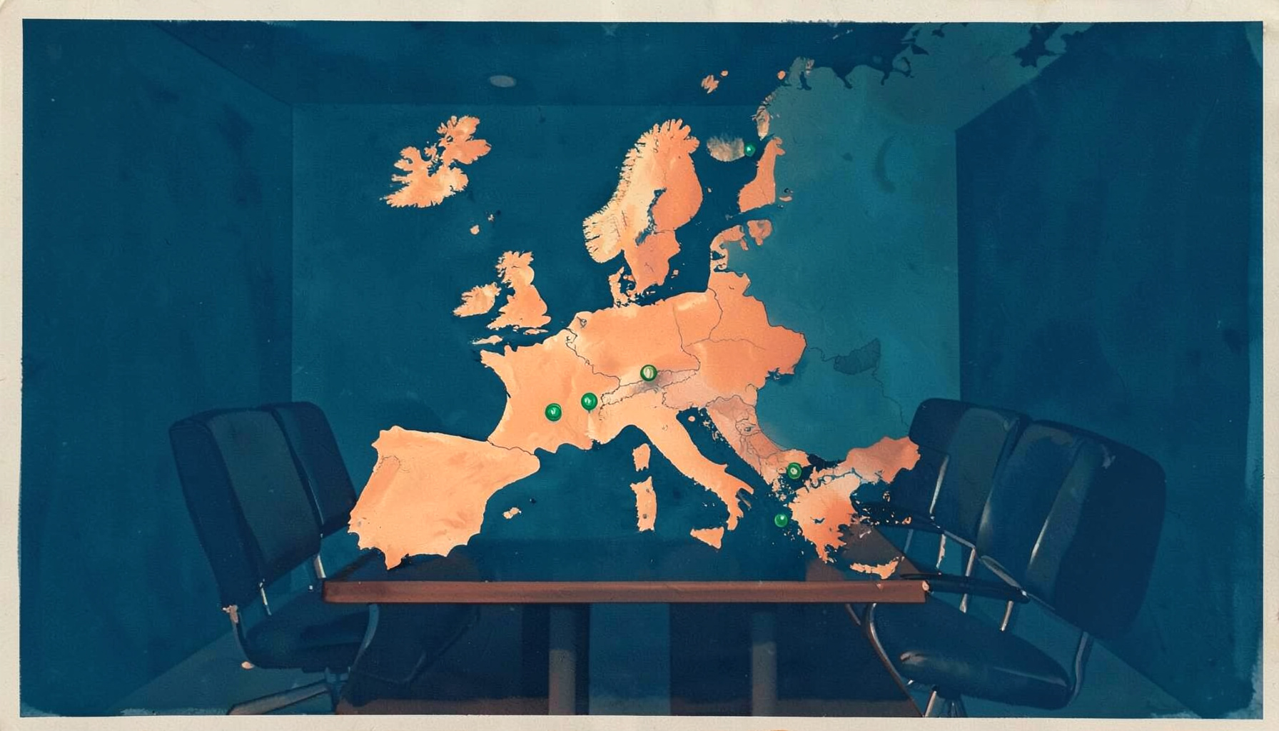 Matte gouache poster painting of a conference room with a map of Europe marked by green pins, warm coral highlights on deep teal background