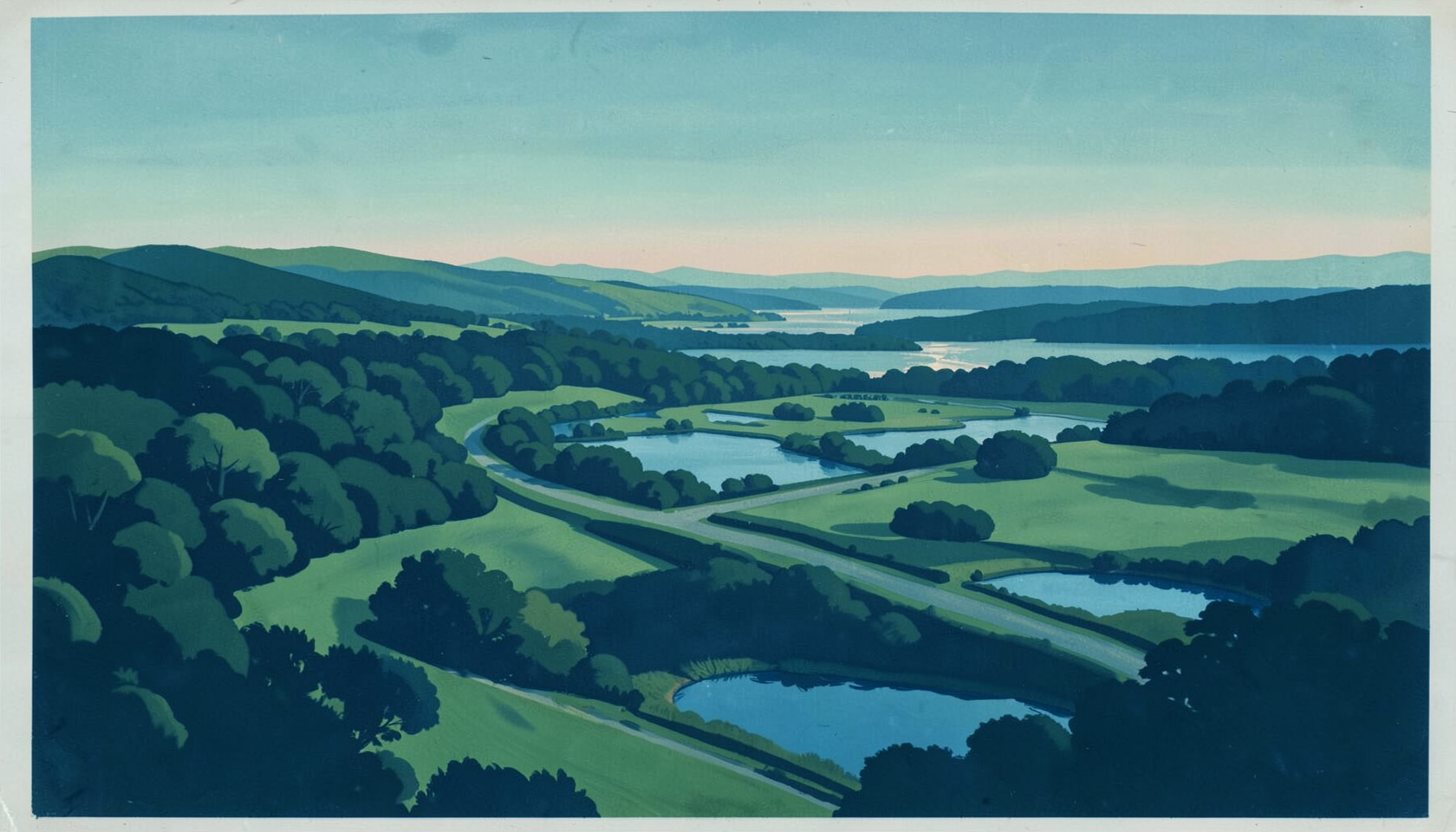 Matte gouache poster painting of a sweeping European landscape with interconnected green corridors, woodlands, and wetlands under a soft dawn sky in muted teal and sage tones