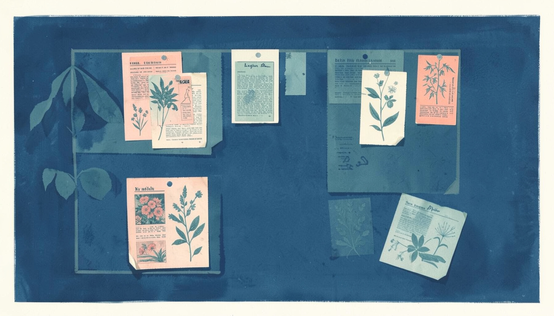 Matte gouache poster painting of a bulletin board with pinned news clippings and botanical illustrations, in muted teal and coral on off-white