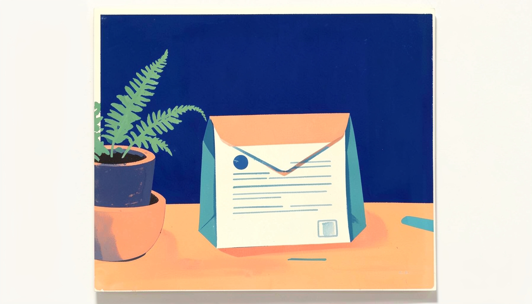 Matte gouache poster painting of a stylized envelope and document on a desk with a potted fern, warm coral and teal accents on cream paper
