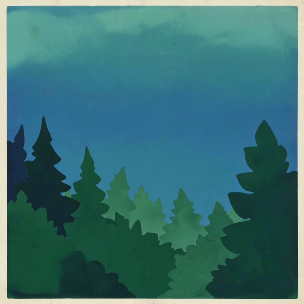 Matte gouache poster painting of layered green foliage silhouettes against a soft teal sky, calm and natural mood